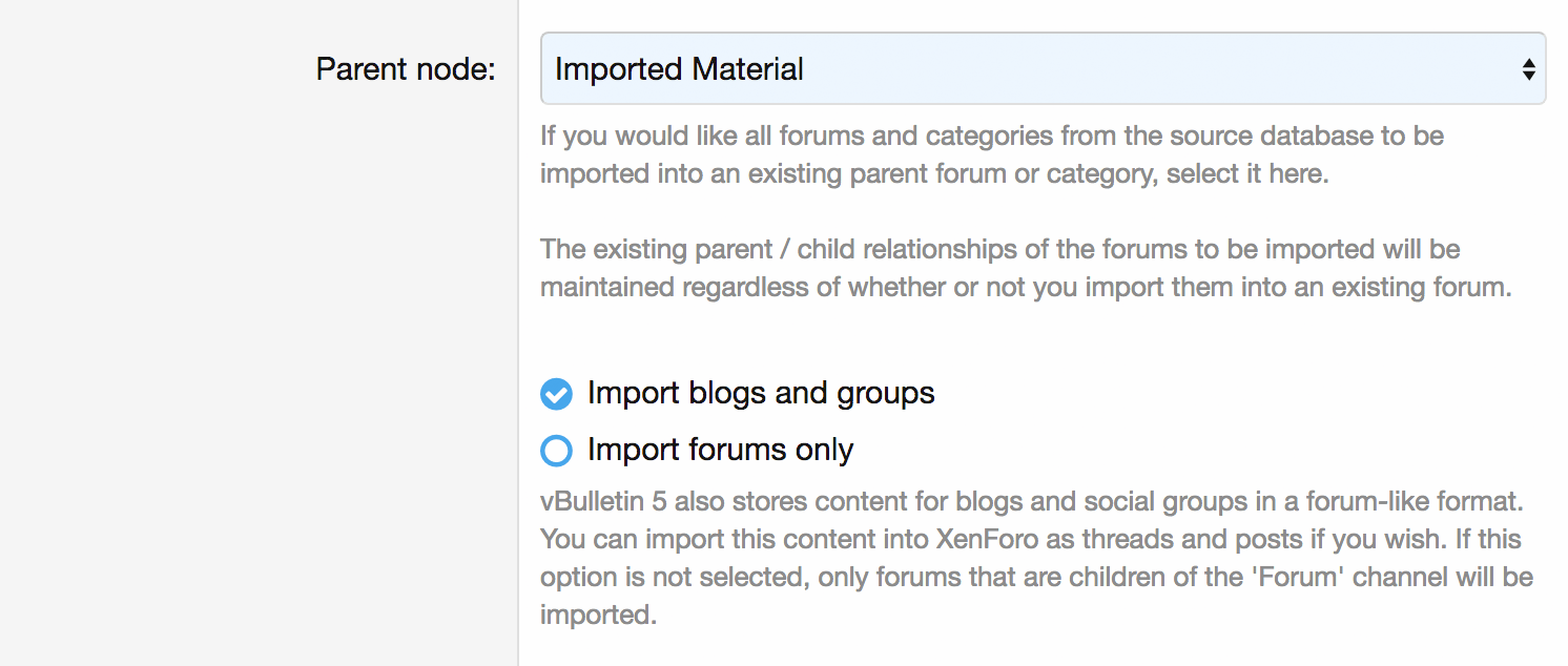 Choosing to import forums only, or all content from vBulletin 5